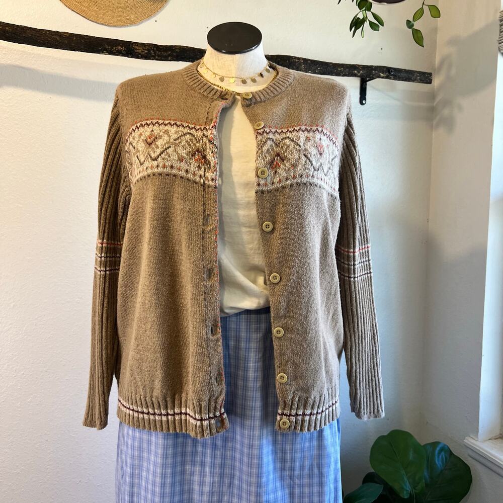 Woolrich Tan Fair Isle Cotton Woven Knit Button Cardigan Sweater Size 2X - Picture 8 of 11